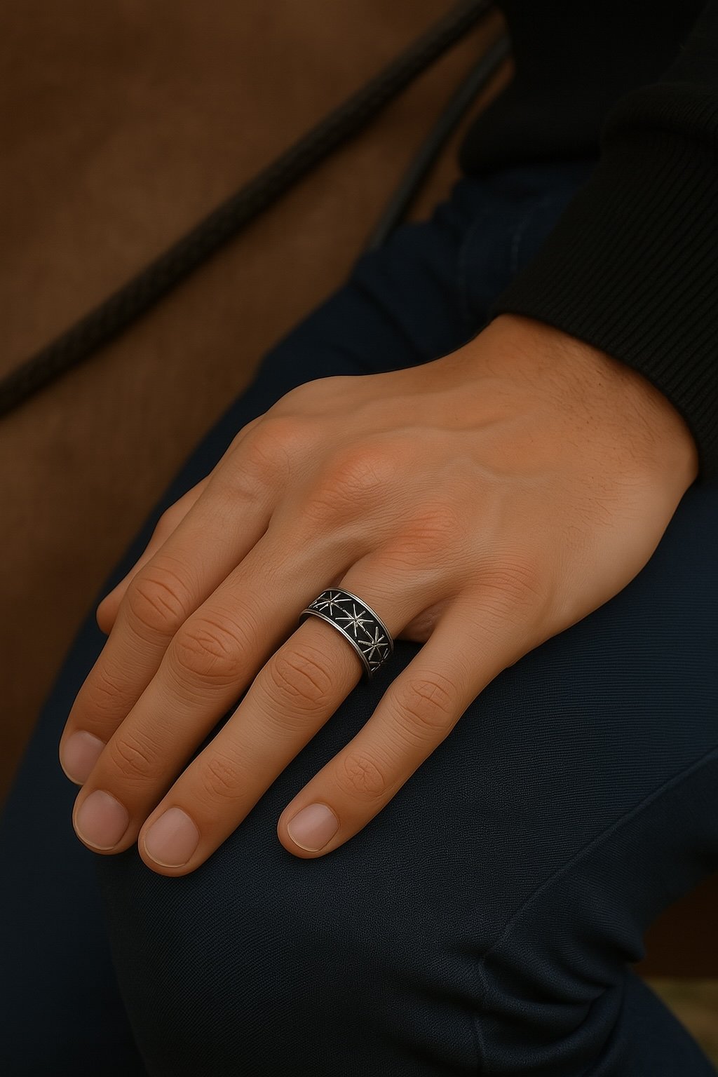 Bague anneau homme acier etoile relief
